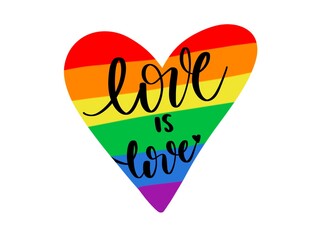 Love is love rainbow type. Gay hand written lettering poster. LGBT rights concept. Love is love. Heart