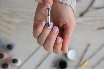 Modern female nude design manicure. Nail care, Self care. Professional Hardware Manicure. Procedure...