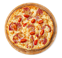 Fresh pizza on wooden board isolated on white