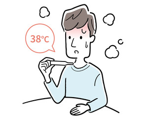 ベクターイラスト素材：体調不良の若い男性、発熱
