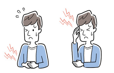 ベクターイラスト素材：体調不良の若い男性、腹痛、頭痛
