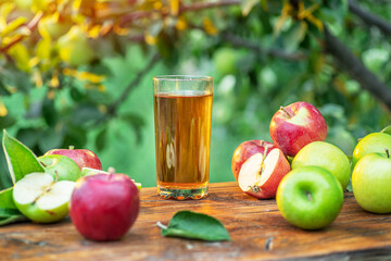 Fresh apple juice and apples on wooden table in the summer orchard garden.