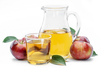 Glass and carafe of fresh apple juice and organic apples isolated on white background.