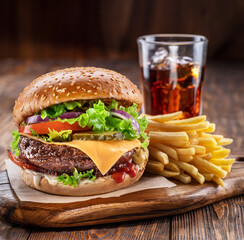 Delicious burger with cola and potato fries on a wooden table with a dark brown background behind....