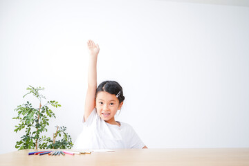 小学生の女の子が手を上げて発表をする