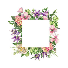 Lush floral frame with flowers of hydrangea, peonies, tulips, anemone hand-drawn in watercolor. Floral template isolated on white background. Romantic frame for wedding invitations, decor, card