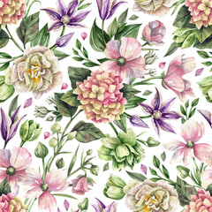 Lush floral seamless pattern with watercolor flower illustrations. Hand drawn botanic elements: chydrangea, anemones, tulips, clematis and greenery. Nice illustration for wrapping paper, textile.