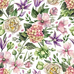  Lush floral seamless pattern with watercolor flower illustrations. Hand drawn botanic elements: chydrangea, anemones, tulips, clematis and greenery. Nice illustration for wrapping paper, textile. © Tonia Tkach