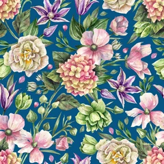 Rolgordijnen Botanical seamless pattern with watercolor flowers in vintage style. Hydrangea flowers, tulips, peonies, anemones and greenery background in vintage style. Floral texture for fabrics, paper © Tonia Tkach