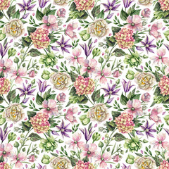 Watercolor floral pattern with flowers of hydrangeas, peonies, tulips and greenery. Seamless background with lush flowers in vintage style. Texture for fabric, paper in a romantic style.