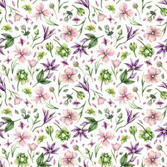 Romantic floral seamless pattern with watercolor flower illustrations. Hand drawn botanic elements: chydrangea, anemones, tulips, clematis and greenery. Nice illustration for wrapping paper, textile