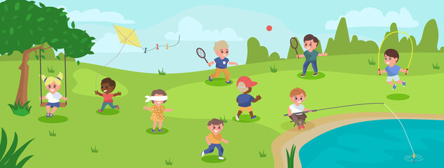 Obraz na płótnie Canvas Happy children playing in the park vector illustration. Kids activity, outdoor games, flying kite, fishing, swinging, breathing air.