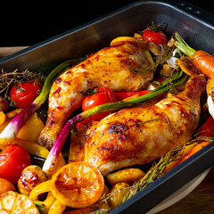 fried chicken legs with various vegetables