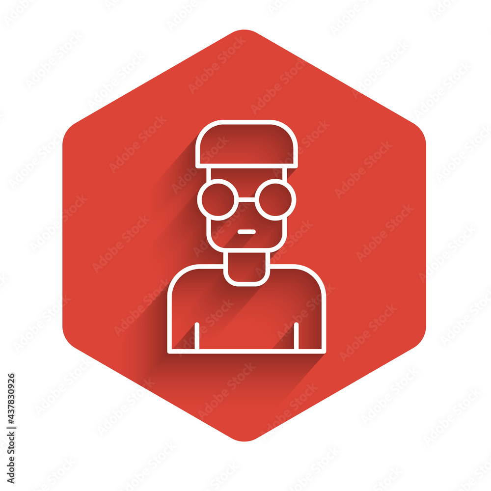 Poster white line nerd geek icon isolated with long shadow. red hexagon button. vector