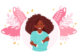 Love yourself concept. Black woman hugging herself. Vector illustration