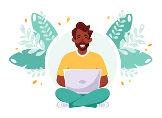 Black man working on laptop. Freelancer, remote work, home office concept. Vector illustration