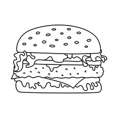 Burger sketch. Fast food. Hamburger. Cartoon black and white line illustration. Unhealthy meal. Vector hand drawn sandwich icon for restaurant menu