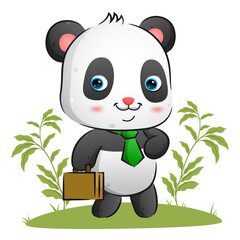 The tidy panda with the bright tie is holding a suite case and walking in the garden