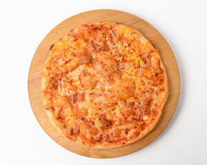 Delicious cheese pizza isolated on awhite background. Top view, flat lay, copy space banner.