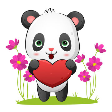 The sweet panda is hugging a love doll for valentine in the garden