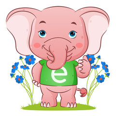 The cute elephant with the alphabet shirt is giving the thumb up in the garden