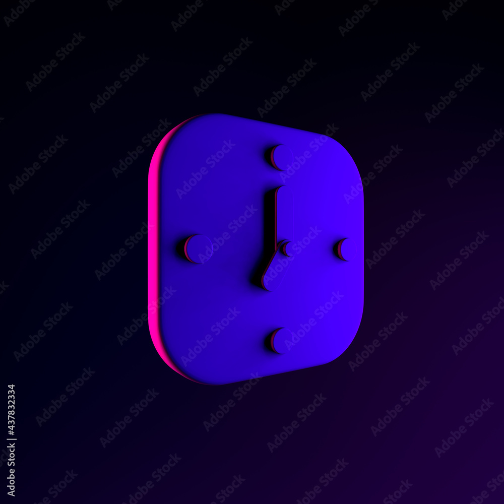 Poster neon wall square clock icon. 3d rendering ui ux interface element. dark glowing symbol.