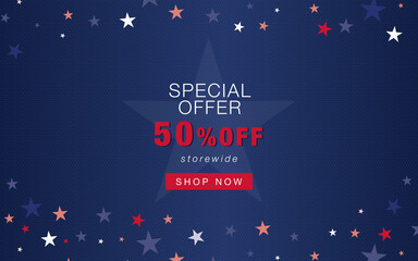 Fototapeta na wymiar 4th of July special offer online shop main page with dark navy background, stars and 50% off storewide announcement. Vector design with national US patriotic symbols.