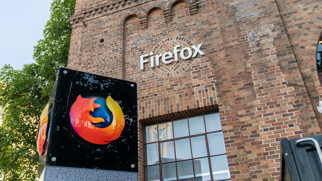 San Francisco, CA, USA - August 2019: Mozilla office building, displaying the Firefox logo and symbol and the stylized company name