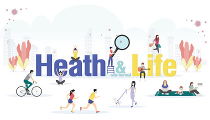 New normal health and life ideas concept with peoples doing activities with face mask prevention from disease outbreak. In flat big letters design. Vector illustration modern layout template.