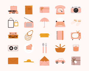 Collection of cute hand drawn vintage and retro doodle elements flat illustration