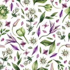 Watercolor hand painted seamless pattern with purple flowers. Delicate floral background. Botanical illustration for wrapping paper, textile, decorations.