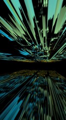 intricate geometric image in shades of blue and turquoise blue and yellow gold on a black background