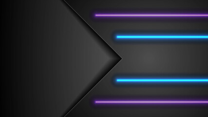 Black tech abstract background with blue and violet neon glowing light