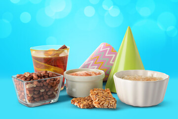 Traditional food for Festa Junina (June Festival) on color background