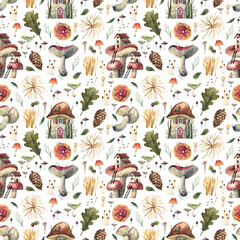 Bright seamless pattern with watercolor fall illustrations. Hand drawn elements: rural houses, mushrooms, fly agaric, leaves, mosses. Amanita autumn houses