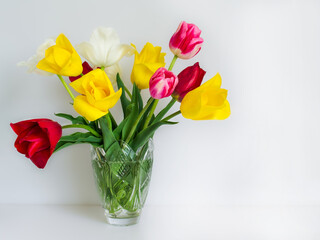 postcard. bouquet of bright tulips on a white background
