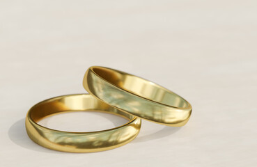 Golden wedding rings on white background.,3d model and illustration.