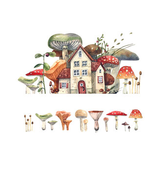 Watercolor illustration of a fairytale landscape with rural houses and forest mushrooms. European medieval houses, forest mushrooms: aspen mushrooms, fly agarics, toadstools, leaves and grass.