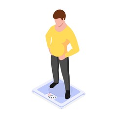 An overweight man stands on the scales. Concept of obesity problem and health care. Vector illustration in isometric style. Isolated on white background.