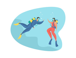 Fototapeta na wymiar People diving. Fascinating deep dive into tropical corals. Male and female characters with scuba gear masks swimming underwater. Extreme exploration undersea world. Vector flat illustration isolated