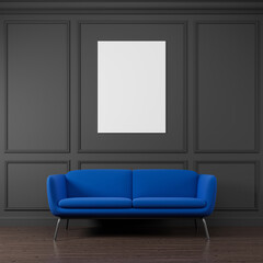 Cozy luxury blue sofa at gray classic interior with white blank mock up poster on the wall.