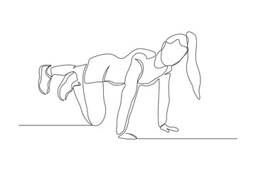 Obraz premium Continuous line drawing of young sportive woman training yoga in sport gymnasium club center. Single one line of Fitness stretching concept. Trendy design graphic vector illustration