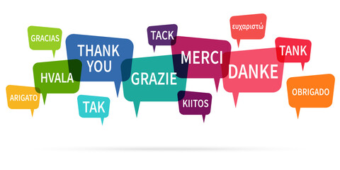 speech bubbles with text thanks in different languages