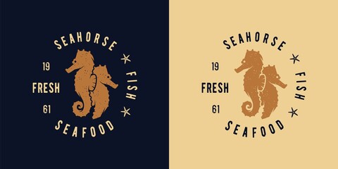 Seahorse for seafood. Marine logo of fresh fish. Nautical wanderlust and adventure for print. Ocean explorer