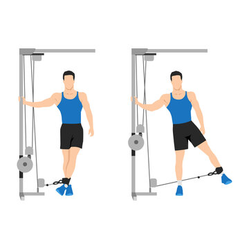Man doing Cable hip abduction. adduction exercise. Flat vector illustration isolated on white background