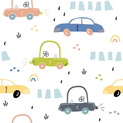 Foto op Canvas seamless pattern with retro cartoon car. vector print. Perfect for kids fabric,textile,nursery wallpaper. Printable templates. © iryna_boiko