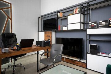Modern office interior with big wooden table