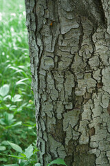 photo of tree bark close-up. behind the tree, green grass is visible, on which the bright sun is shining. the photo shows the structure of the bark in detail. the photo is perfect for a photo backgrou