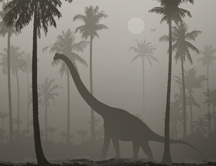 Vector illustration with a walking dinosaur on the background of a landscape with palm trees. 