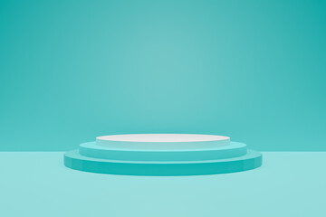 Round podium with blue background, 3d rendered illustration.